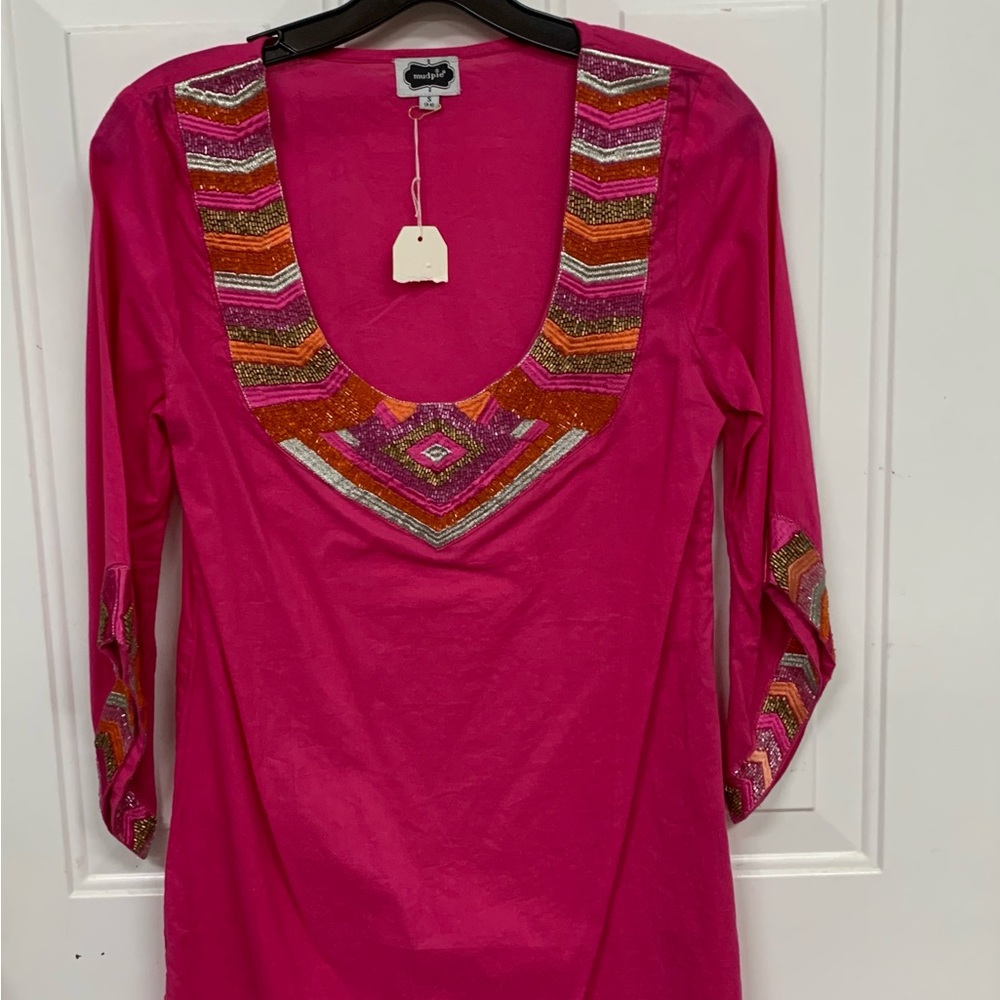 NWT Mud Pie hot pink beaded cover up. Sleeves and collar are beaded. Sz M & S